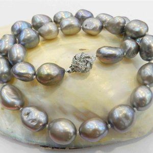 12-14MM SILVER GRAY REAL BAROQUE CULTURED PEARL NECKLACE 18KGP CRYSTAL A…